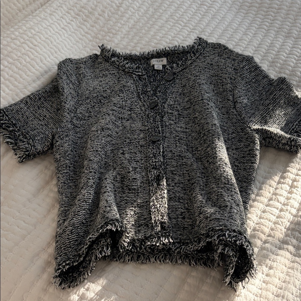 J. Crew Black and White Short Sleeve Fringe Knit Cardigan